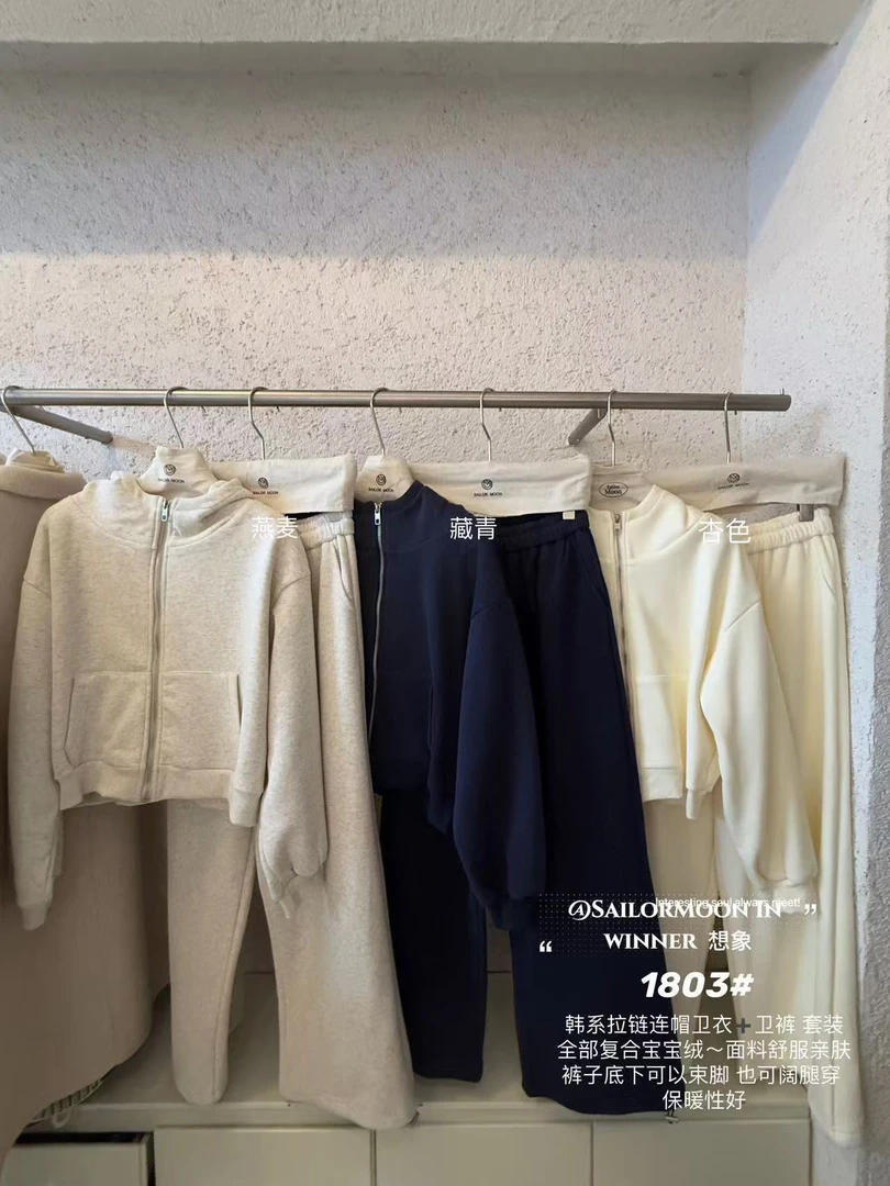 想象@1803 韩系加绒 拉链连帽卫衣+两穿卫裤套装12-6