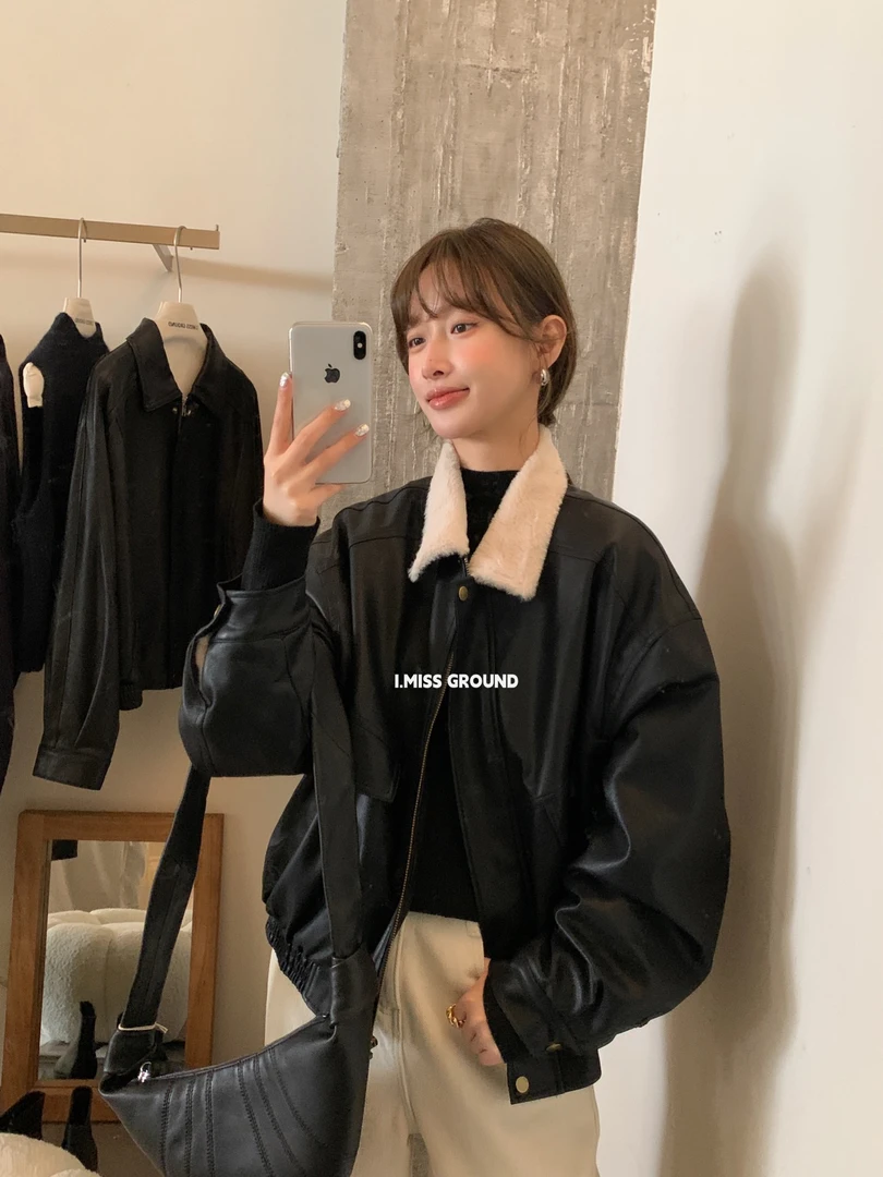 imiss@10370 韩系加绒翻领皮衣外套 衣长62左右 11-29