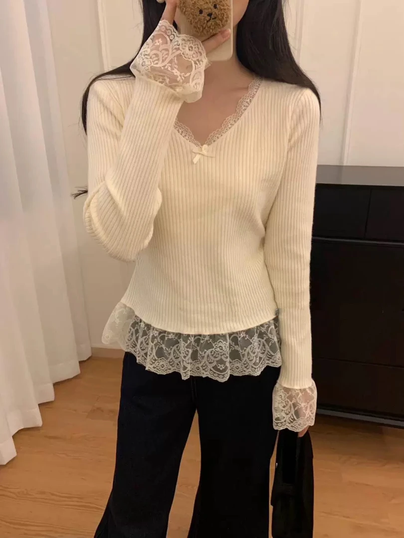 蕾丝花边V领针织衫 23587