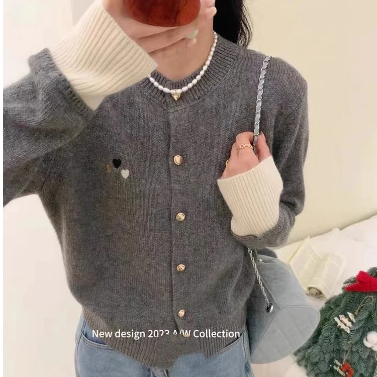 羊毛开衫女网红百搭圆领宽松小香风外套气质打底针织毛衣XZ-245