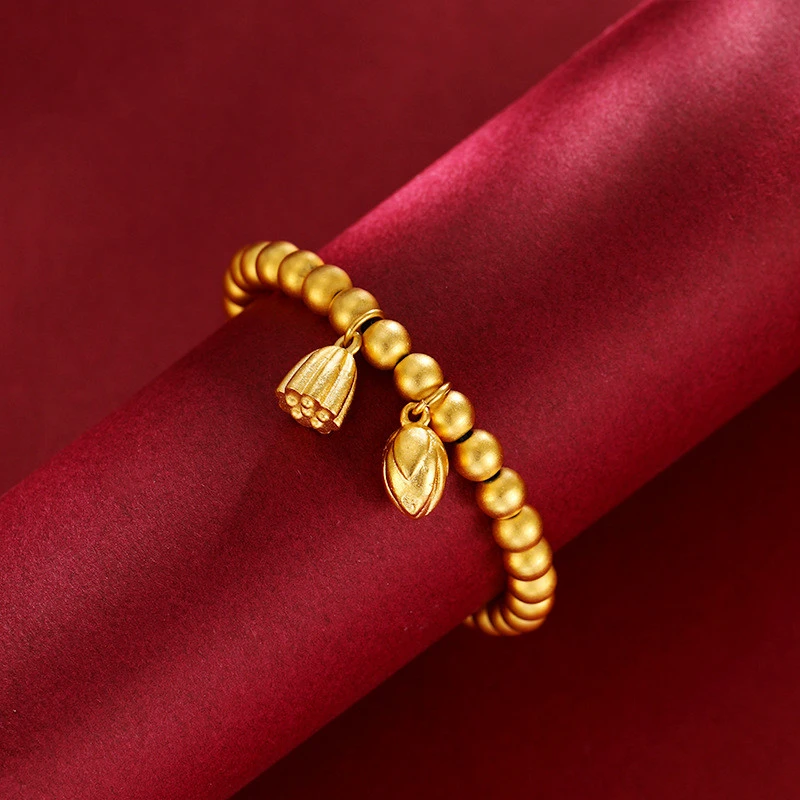 合金手链 古法莲心莲蓬弹力手串 网红复古传承黄金色两世欢手链女
