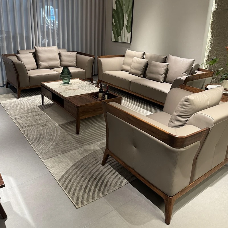 新中式北美黑胡桃木沙发 意式轻奢极简高级灰真皮123组合实木家具