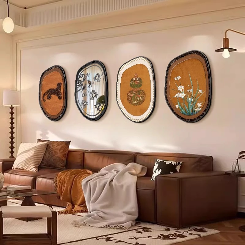中古风复古客厅组合画镜子画沙发背景墙装饰画异形卧室挂画