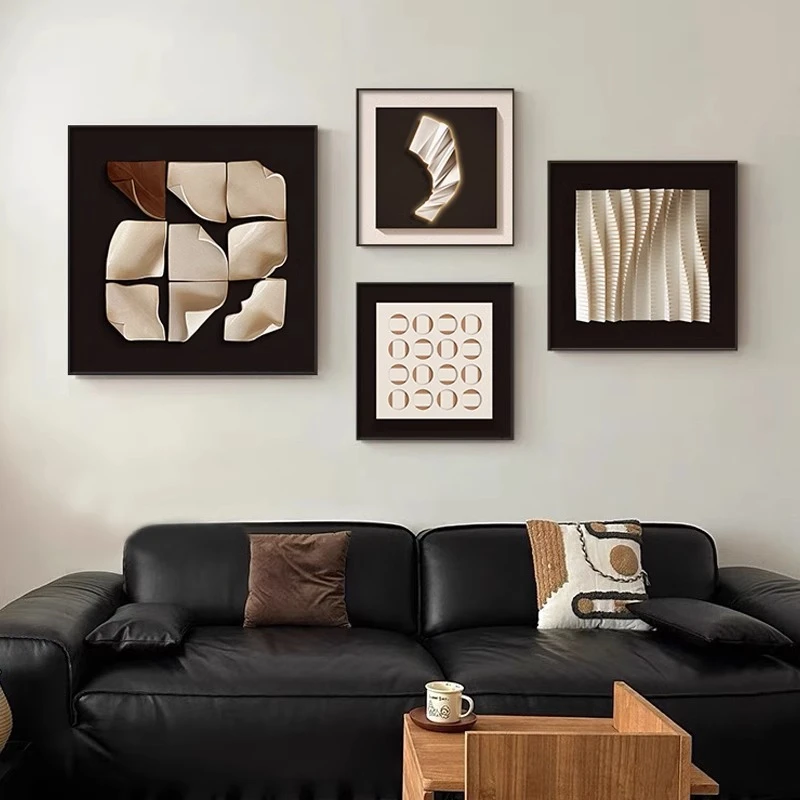 中古风客厅装饰画高级感抽象入户玄关挂画法式复古餐厅方形组合画