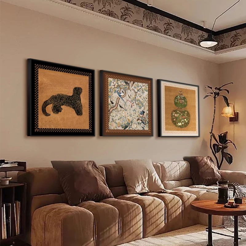 美拉德法式三联组合沙发背景墙装饰画中古风客厅挂画复古餐厅壁画