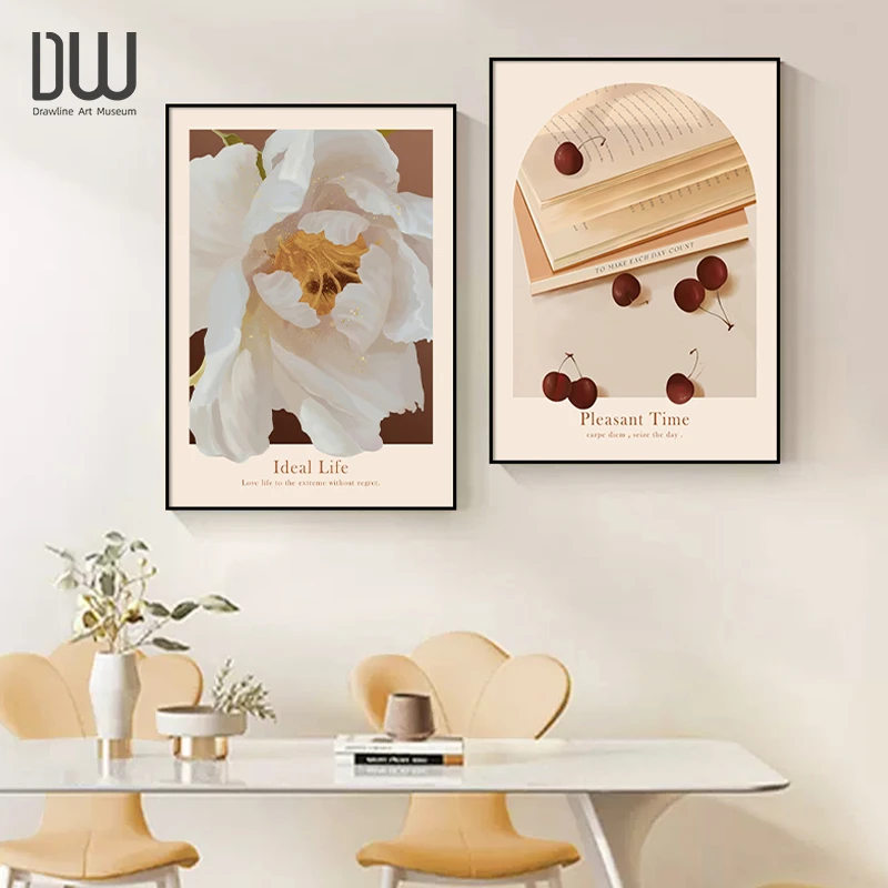 奶油风餐厅装饰画原木卧室背景墙壁画北欧小清新花卉艺术床头挂画