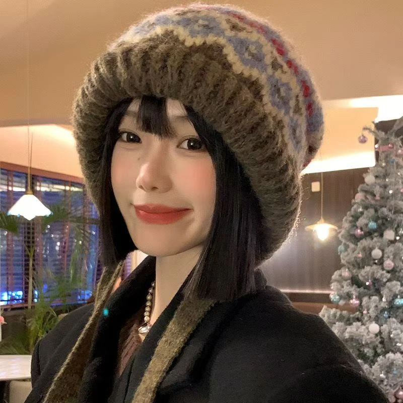 两用包包帽子复古着风保暖渔夫针织护耳民族风帽子绑带毛线堆堆帽