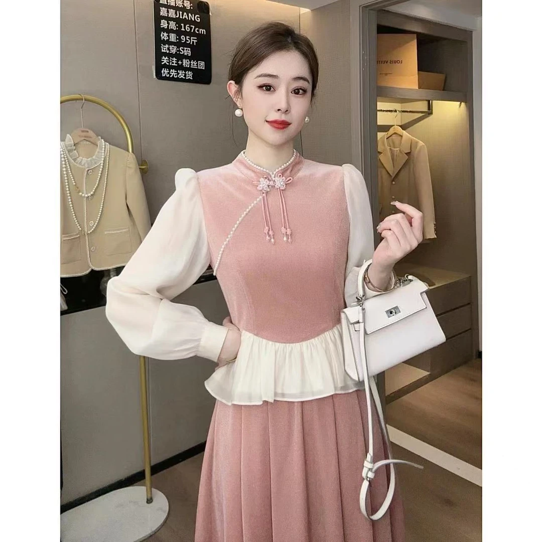 【嘉嘉-福利款】温柔江南 原创盘扣拼接花边假两件连衣裙XJ234L1006