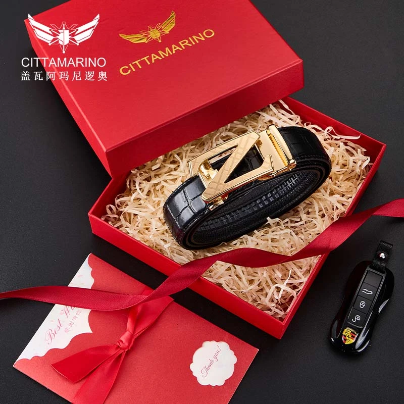 盖瓦阿玛尼罗奥正品轻奢男士皮带真皮高档大气商务鳄鱼纹真牛皮