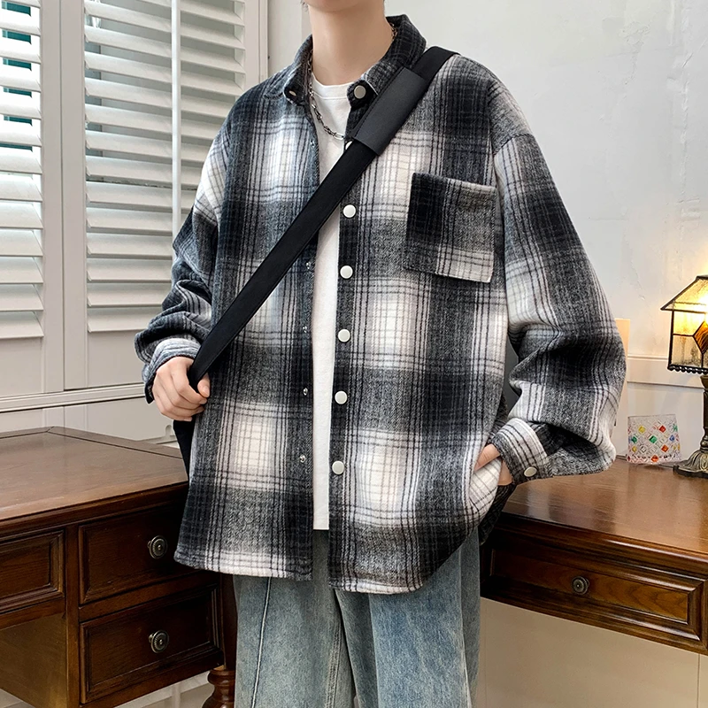 港风男士长袖衬衫外套夹克春秋潮流休闲复古衬衣上衣韩版百搭男装