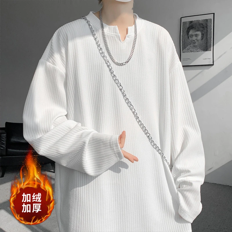 秋冬肌理感V领长袖T恤男潮牌宽松重磅上衣痞帅高级感加绒内搭打底