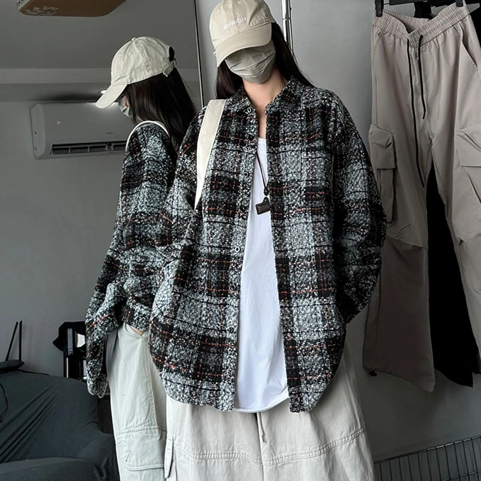 爆款秋冬款小香风男装衬衫夹克外套呢料加厚格子港风休闲衬衣厚款