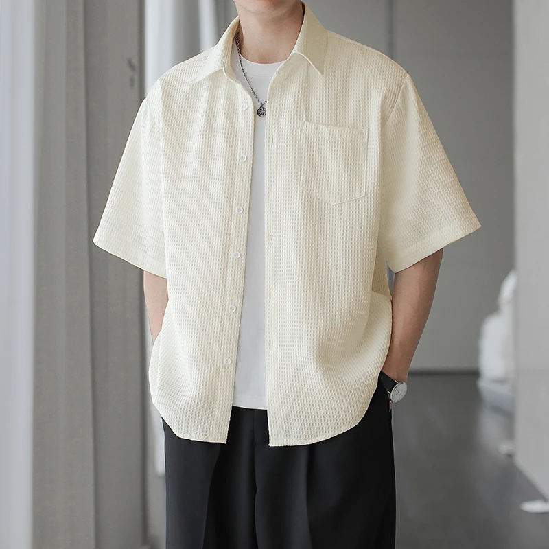 短袖衬衫男高级感痞帅华夫格短袖男装宽松衬衣小香风外套夏季百搭