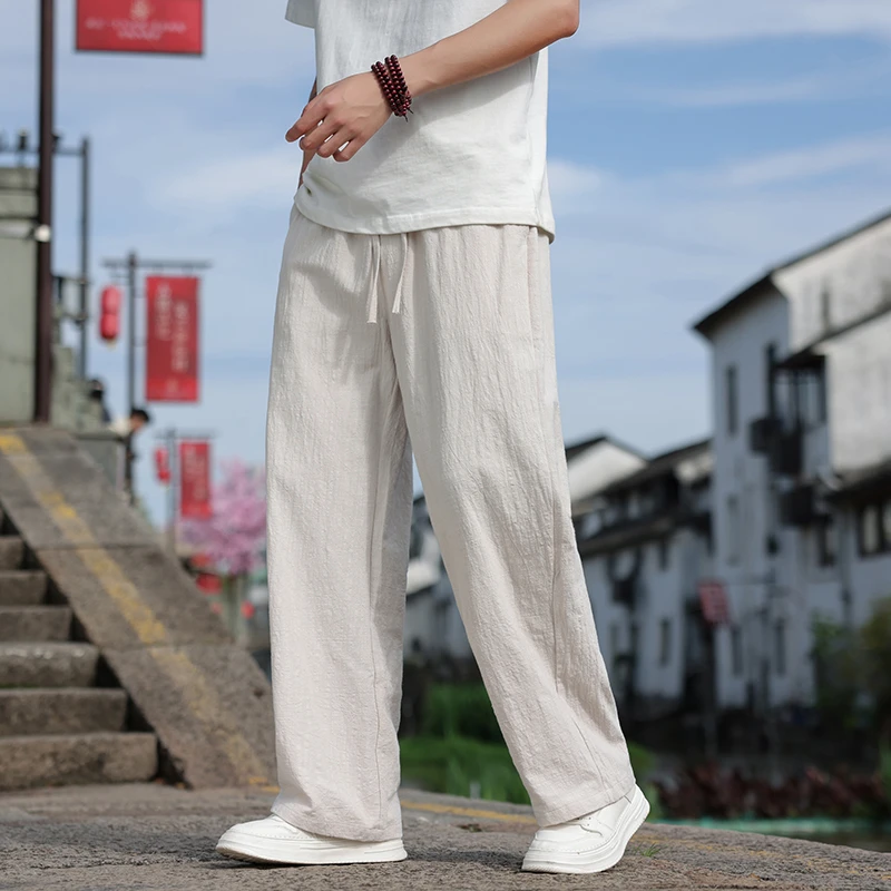 男士休闲裤夏季薄款宽松亚麻阔腿长裤中式男装中国风棉麻直筒裤子