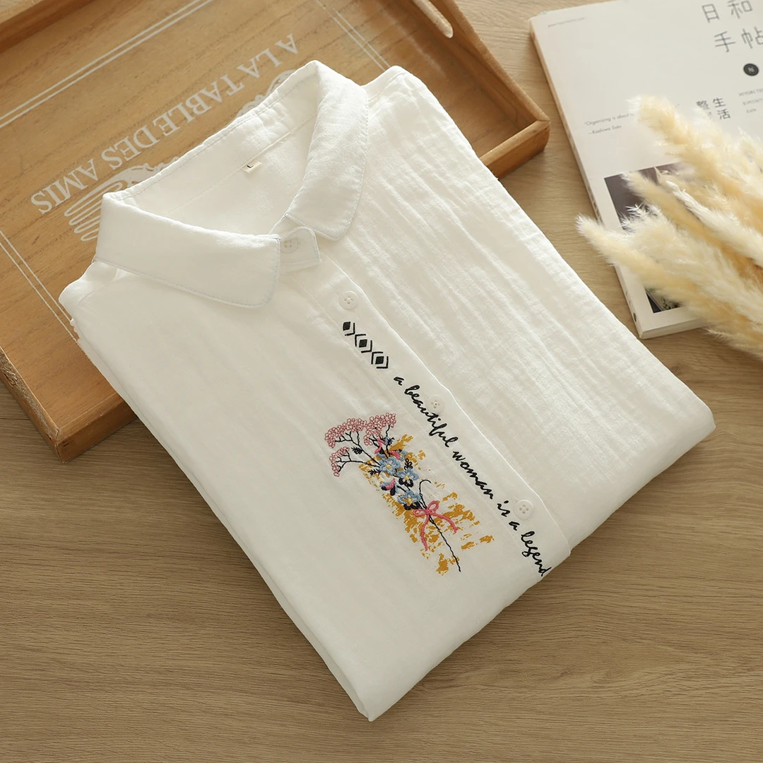 双层棉纱长袖衬衫女宽松2024秋装刺绣花朵婴儿棉柔软百搭文艺衬衣