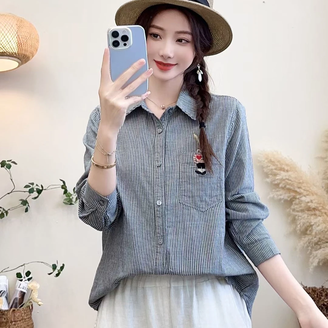 2025春装爆款棉麻条纹衬衫女装外套时尚百搭长袖高级感显瘦上衣潮