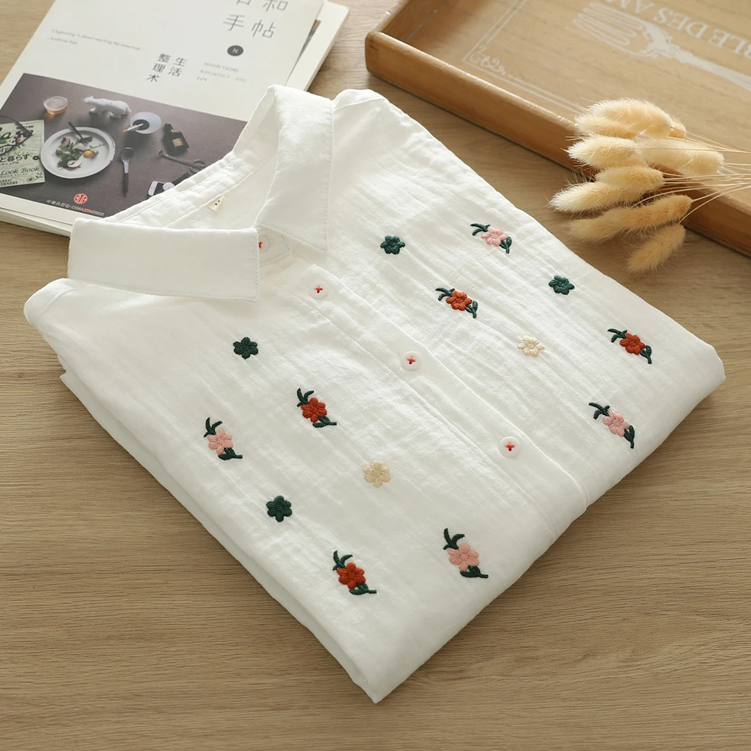 小清新全棉双层棉纱绣花衬衫女长袖甜美文艺学生宽松彩条刺绣衬衣