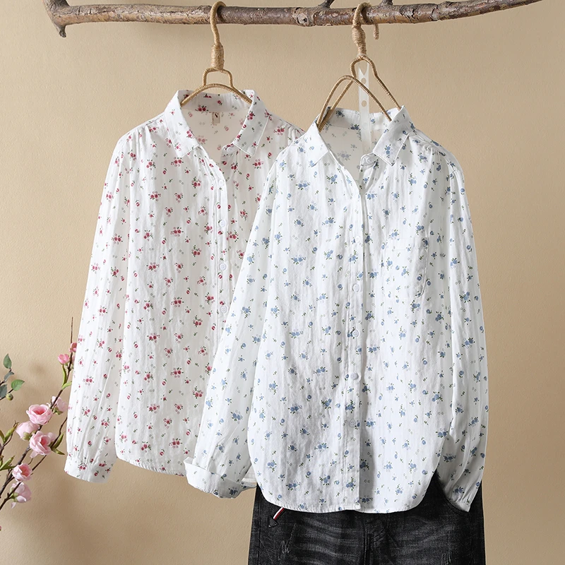 双层棉纱小碎花衬衫女长袖复古文艺港风软糯亲肤纯棉温柔气质上衣