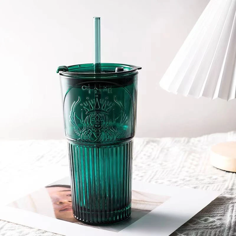 女神杯墨绿色浮雕玻璃杯大容量随行水杯吸管杯女王杯省钱风杯子