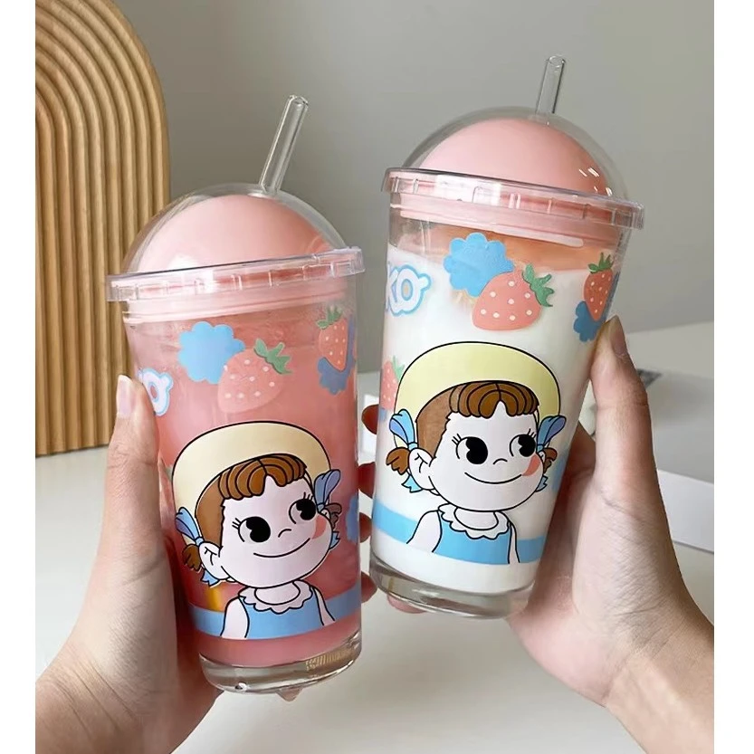 卡通吸管杯刻度杯玻璃杯清新高颜值水杯