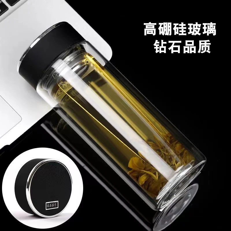 双层杯高硼硅耐热防爆玻璃杯子水杯男士泡茶专用带盖男士茶水杯