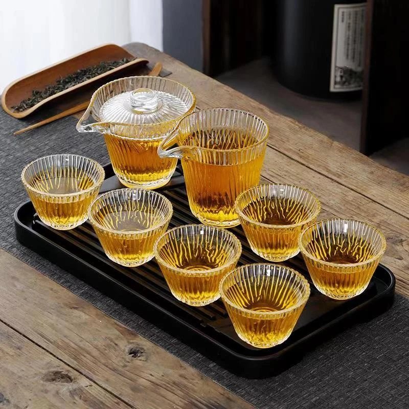 【功夫茶具8件套】玻璃茶杯茶具套装泡茶杯玻璃杯喝水杯耐热竖纹