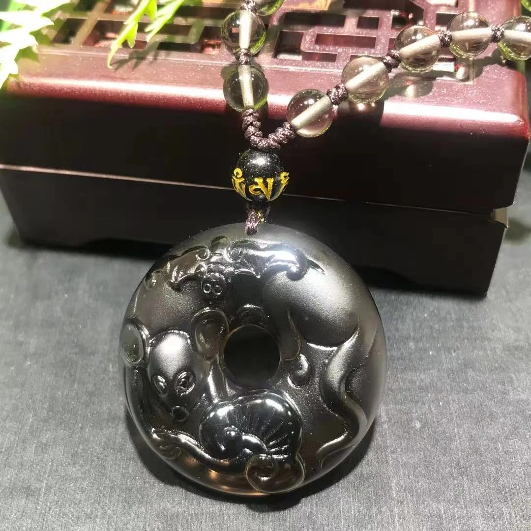 天然冰种黑曜石十二生肖三合雕刻吊坠男女佩戴（犯 /  太  /岁）