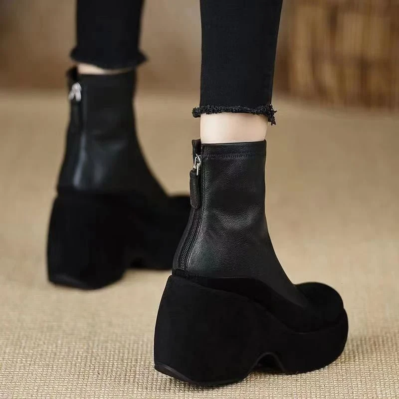 熊大叔手工女鞋10cm防水台短靴坡跟2024年秋季新款软皮拉链短靴女
