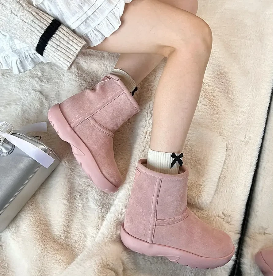 小个子增高6cm粉色雪地靴女2024冬季新款短靴保暖加绒棉鞋中筒