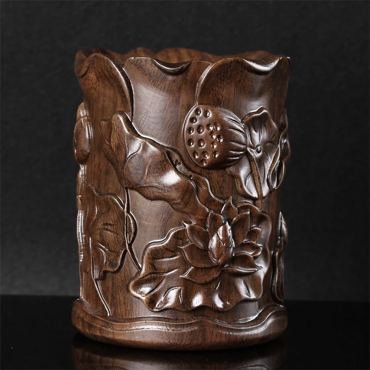 黑檀荷花笔筒高档实木雕刻原木工艺笔筒摆件教师节礼物桌面摆件