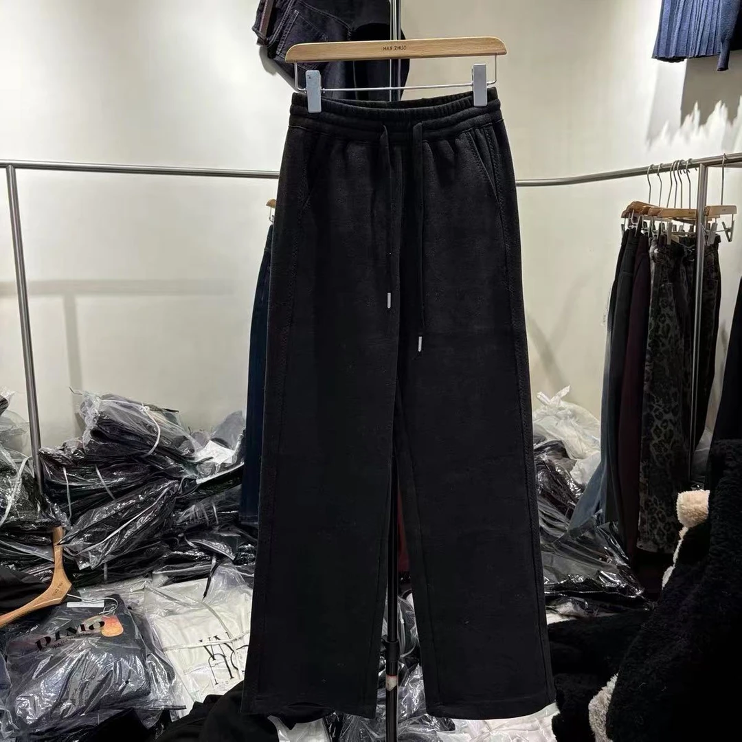 黑色奥粒绒加厚裤休闲2024秋冬季弯刀裤