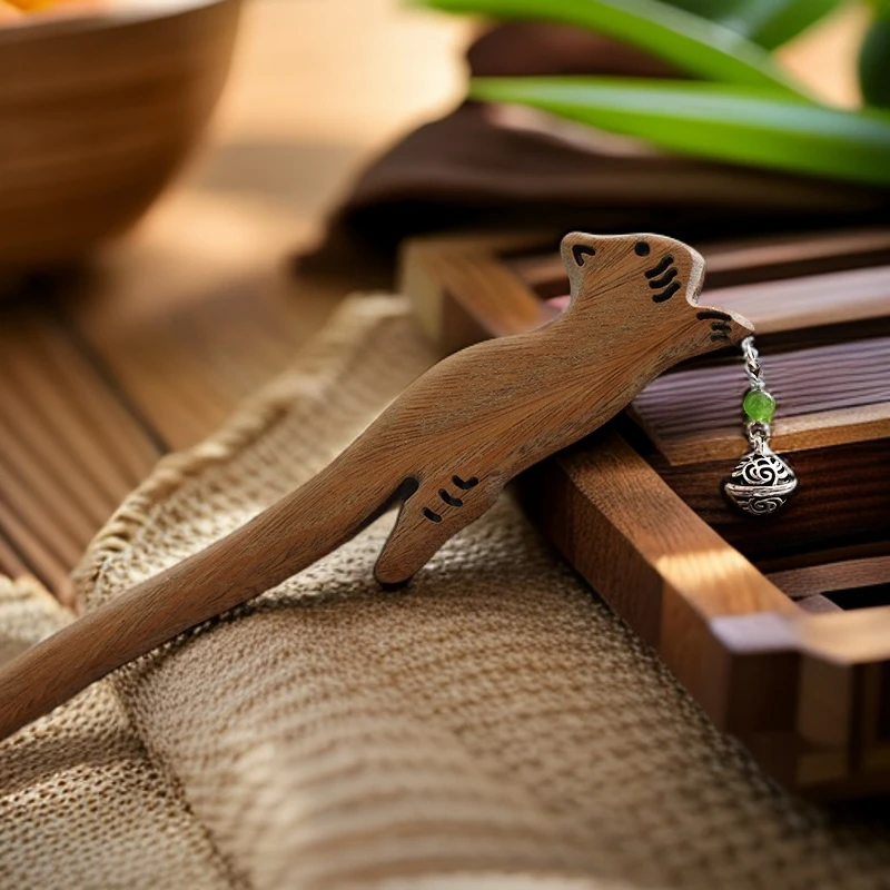 古典新中式发簪古风金丝檀木簪子古装铃铛猫发钗水龙头个性发簪子