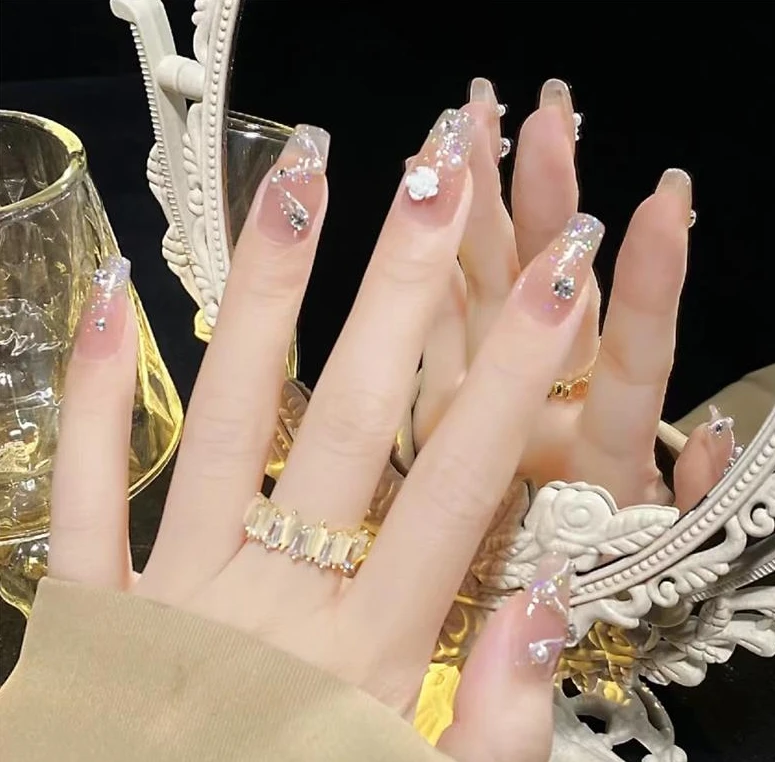 （中长款）碎钻山茶花穿戴甲高级感指甲贴假指甲美甲贴片穿戴式指甲