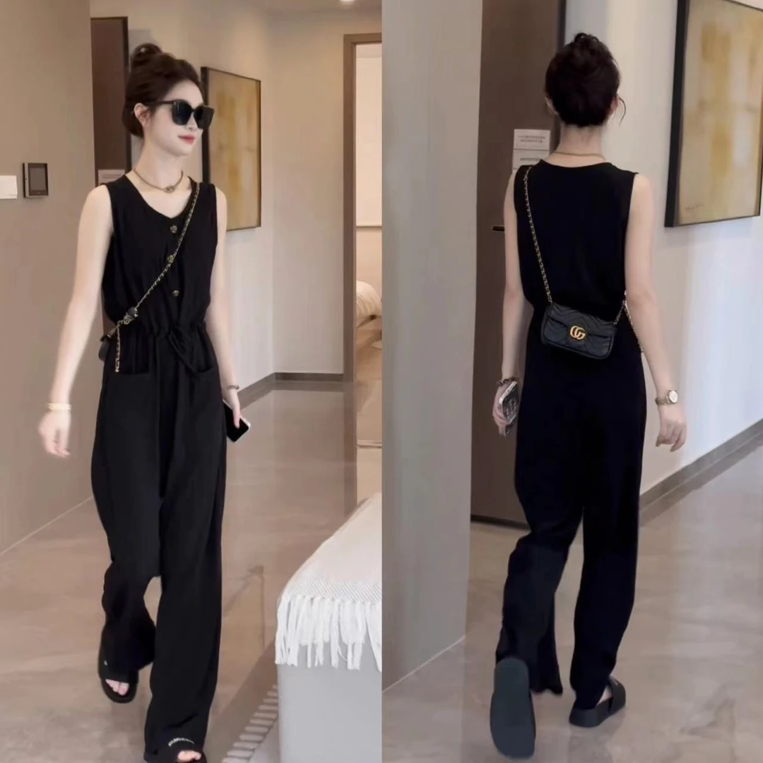 夏季新款显瘦无袖抽绳大口袋超显瘦休闲连体裤