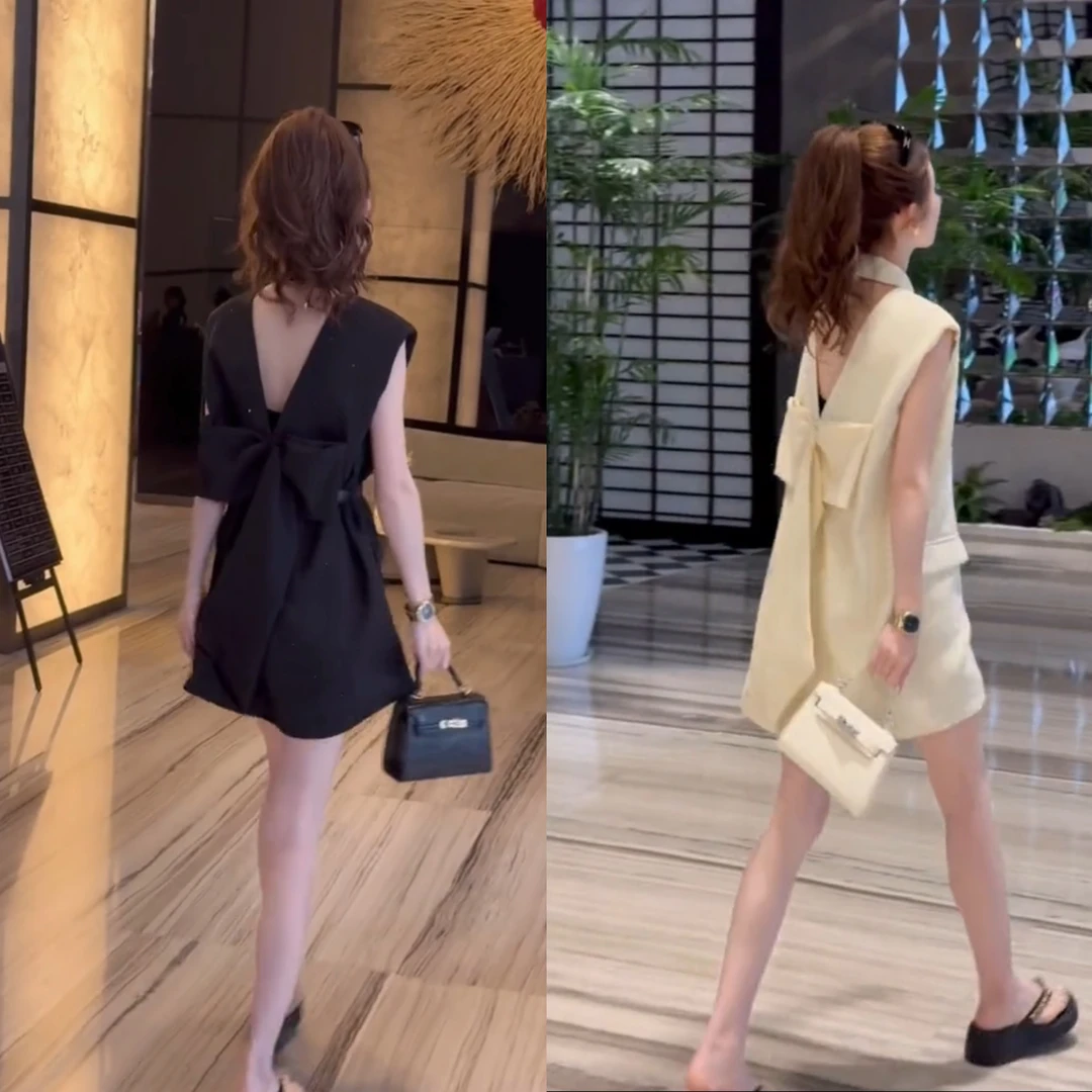 时尚烫钻洋气显瘦大蝴蝶结收腰短款西装裙