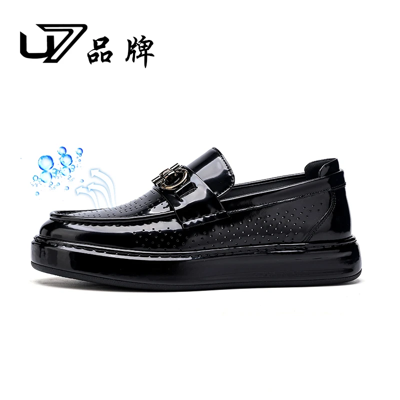 U7品牌男鞋真皮打孔豆豆鞋2025新款透气镂空百搭时尚男士皮鞋