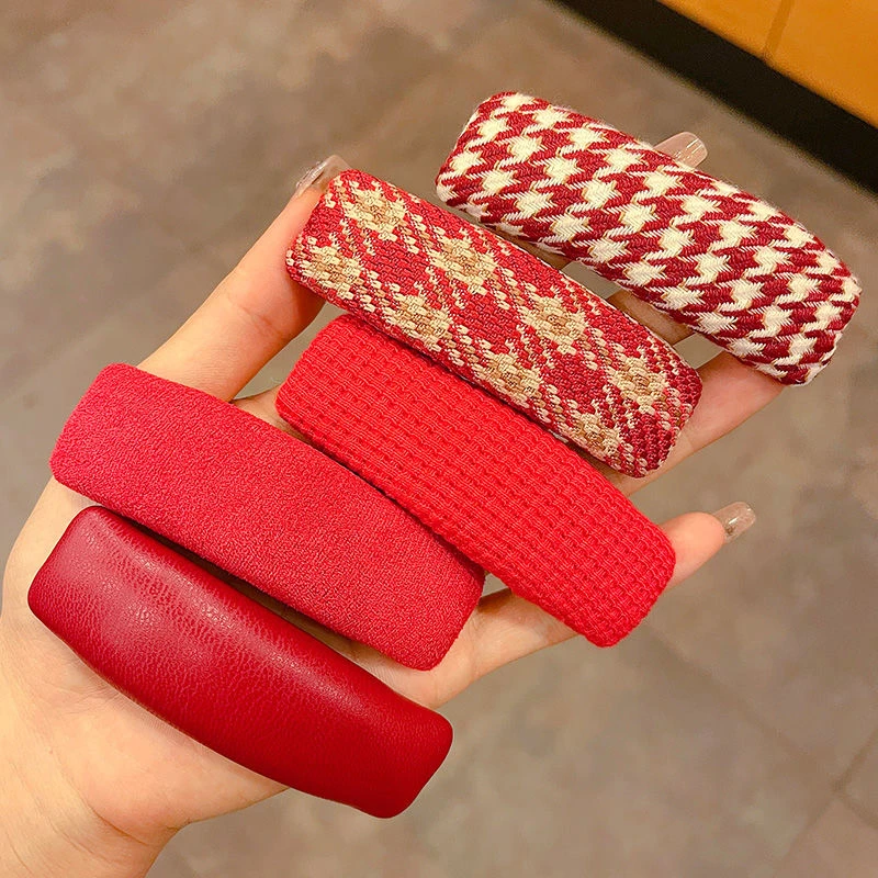 新年红色系复古发夹女千鸟格边夹BB夹海绵加厚刘海夹子发卡发饰