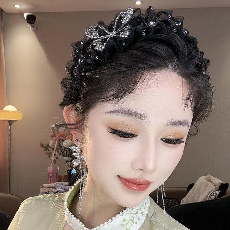 大气显脸小优雅百搭头箍韩版黑色蝴蝶精致时尚满钻高颅顶褶皱发箍