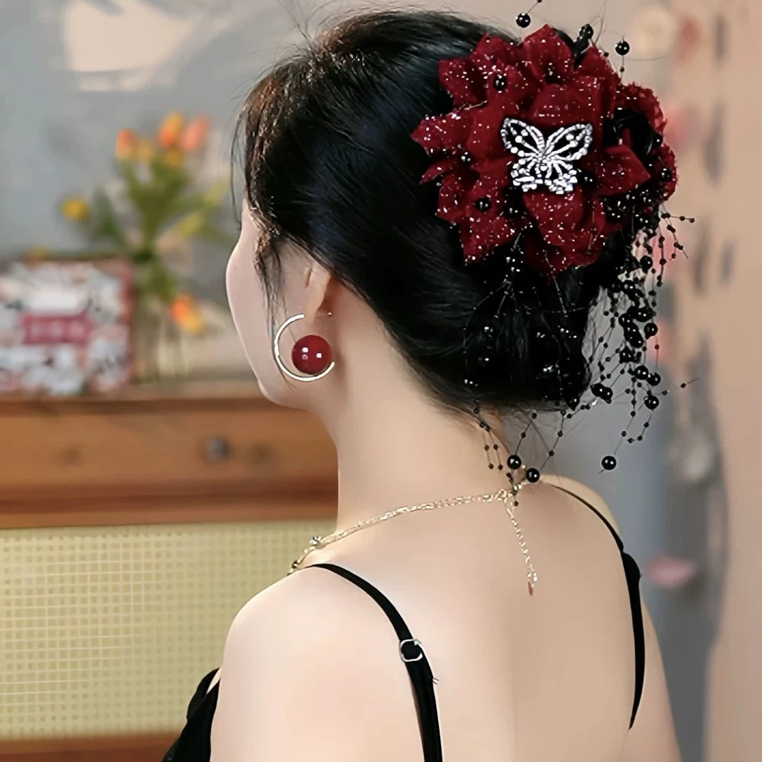 韩式复古港风蝴蝶花朵流苏抓夹红色气质百搭鲨鱼夹显发量头饰发夹