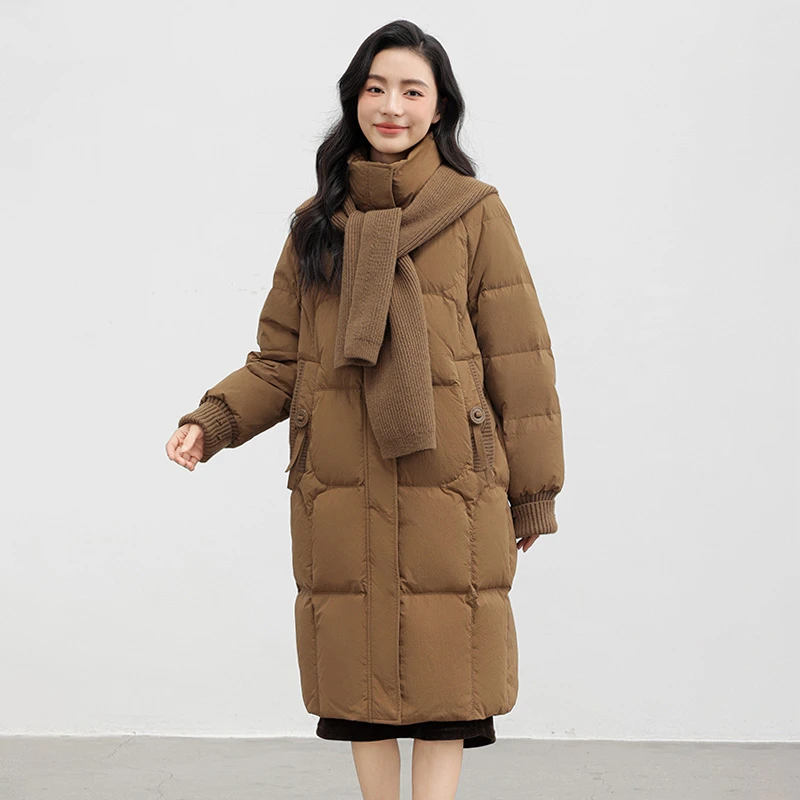 鸭鸭羽绒服女2023冬季新品长款针织披肩加厚立领宽松保暖女士外套