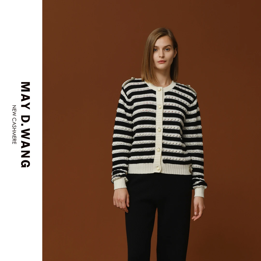 王之造2024年秋冬小香风夹条加厚立体拼色开衫外套 C1F1158