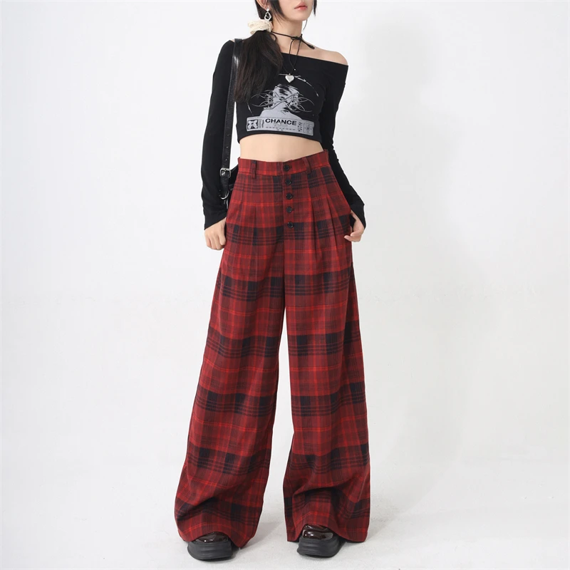ZNZX2024早秋新款红色格子高腰阔腿休闲裤女通勤百搭垂感宽松长裤