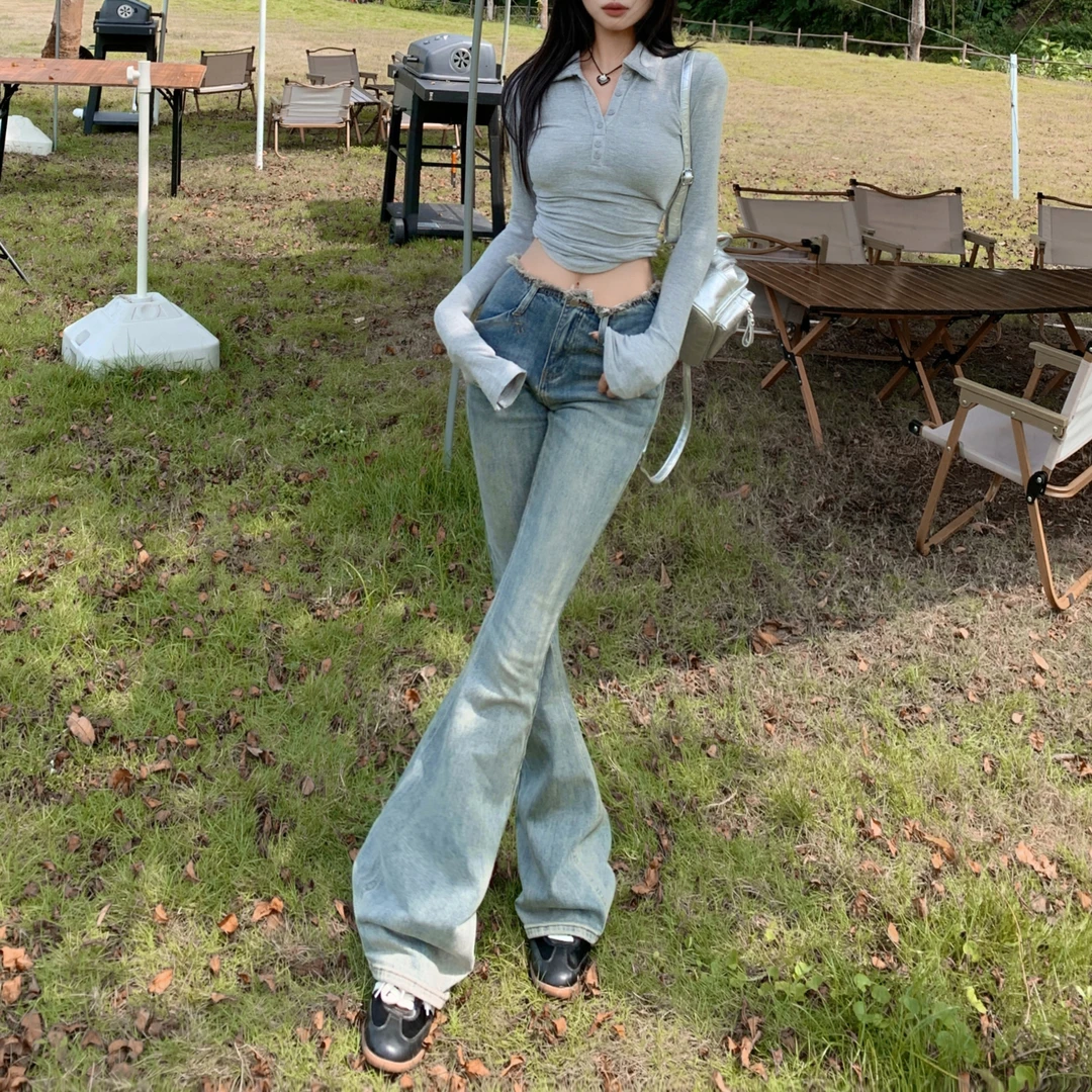 ZNZX2024秋季新款复古辣妹微喇牛仔裤女低腰毛边设计修身显瘦长裤