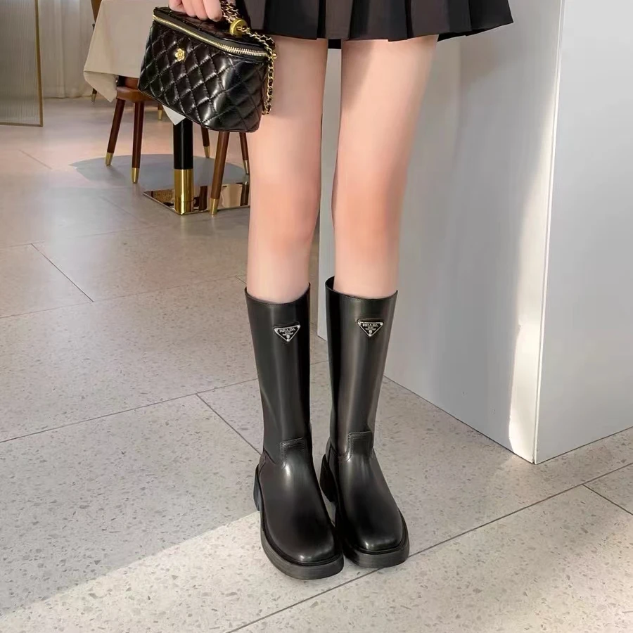 2288樱 厚底骑士靴女新款潮流英伦风粗跟增高套筒中高筒靴