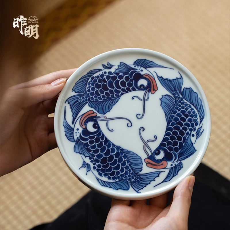 昨明手绘龙鱼 壶承 茶盘干泡手工简约中式茶具创意干泡台干泡杯垫