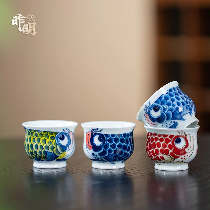 昨明 景德镇手绘国潮釉下五彩龙鱼平安喜乐富贵吉祥四小杯小品杯