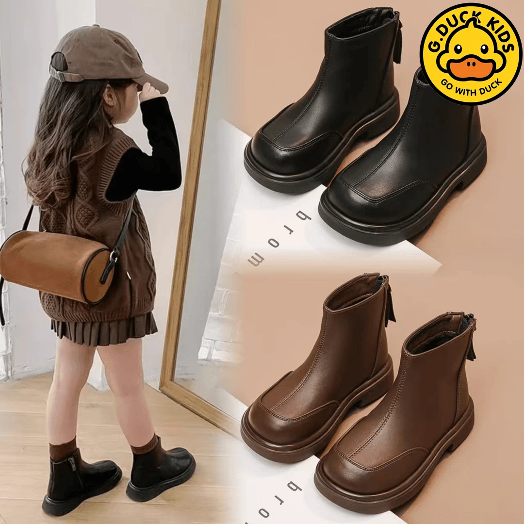 G.DUCK小黄鸭2025年新款秋冬季百搭单靴女童英伦风小女孩加绒短靴