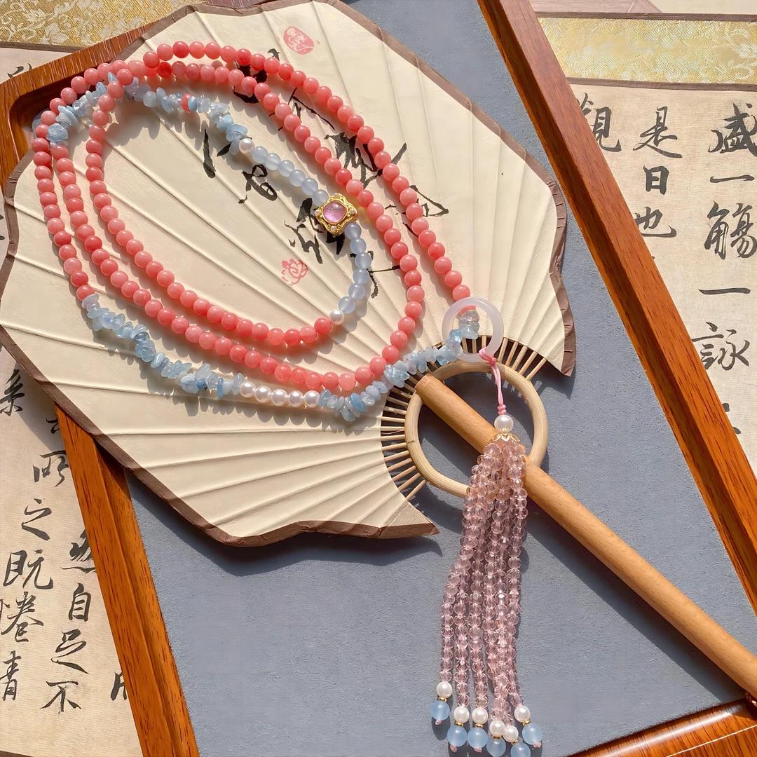 铜合金石英石项链 新中式长款拼接斜挎链古风国风流苏手工项链女