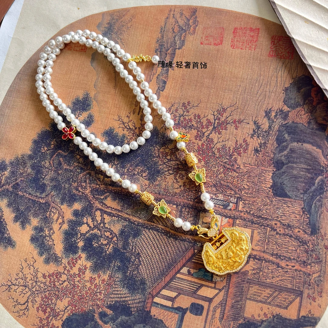 铜合金项链 新中式【花开福贵】长款手工气质百搭国风项链锦鲤吊坠