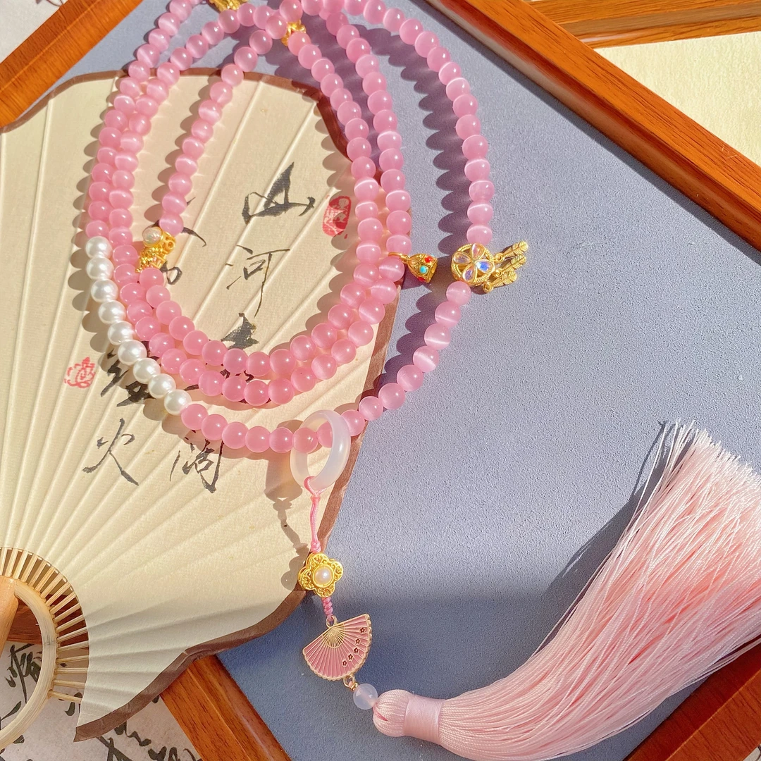 铜合金石英石项链 透粉国风斜挎链中式背背项链百搭长款流苏项链